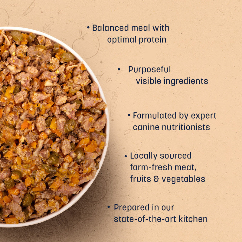 Sara's Wholesome Grain-Free Lamb and Apple Dog Food, 7 x 300g pack, made with 50% meat and 50% fruits and vegetables.