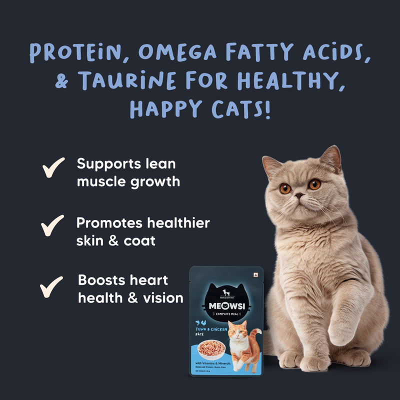 Meowsi by HUFT Tuna & Chicken pâté Cat Wet Food, 80 gm, grain-free, with vitamins and minerals for balanced nutrition.