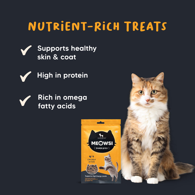 Meowsi by HUFT Chicken & Fish Power Bites, 50 gm, high-protein cat treats in a yellow packaging with a playful cat graphic.