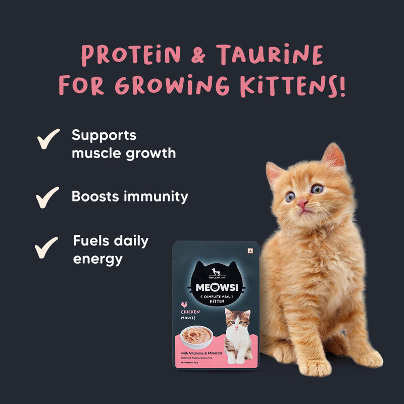 Meowsi by HUFT Chicken Mousse Kitten Wet Food, 70 gm, complete meal with vitamins and minerals, grain-free.