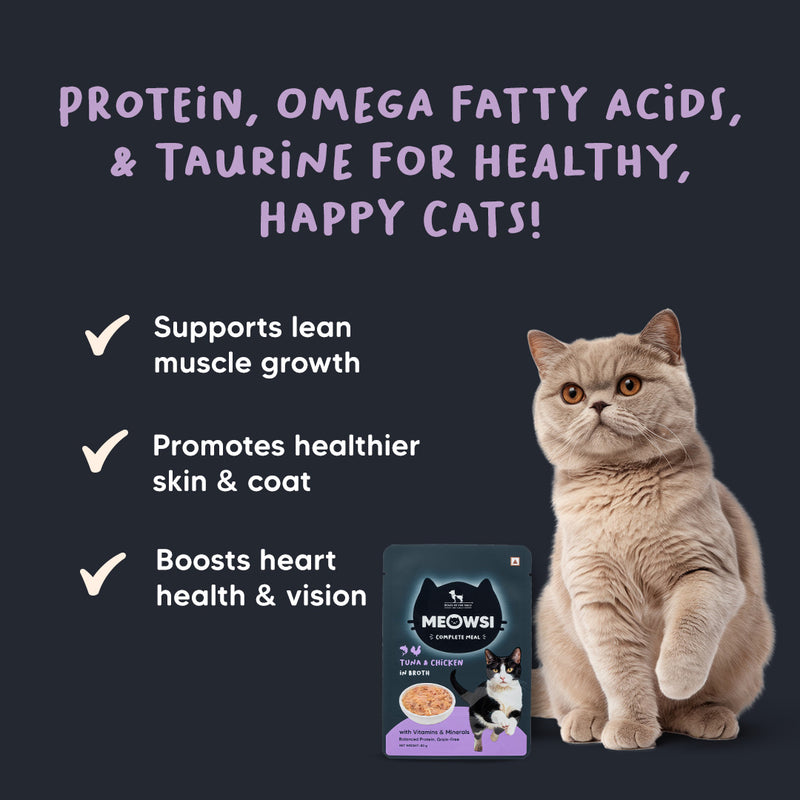 Meowsi by HUFT Tuna & Chicken in Broth Cat Wet Food, 80 gm, with vitamins and minerals, grain-free formula.