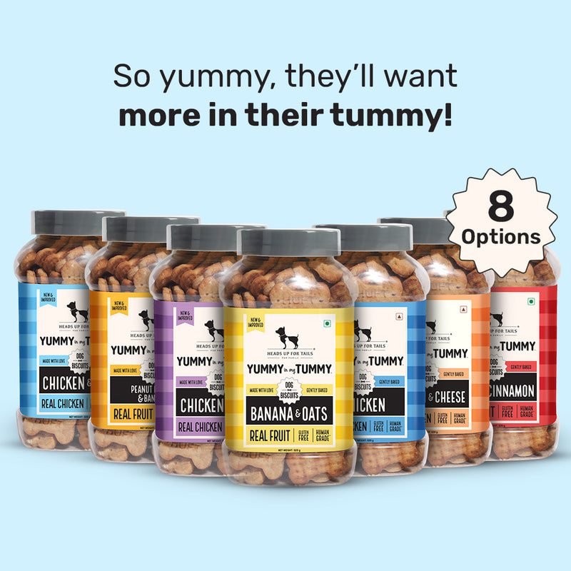 Heads Up for Tails Yummy Tummy Chicken Gluten-Free Dog Biscuits, 8 options in jars, featuring real chicken and fruit