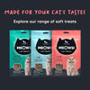 Meowsi by HUFT Salmon & Chicken Soft Cat Treats, 50 gm, features a pink packaging with a cat graphic and treats displayed.