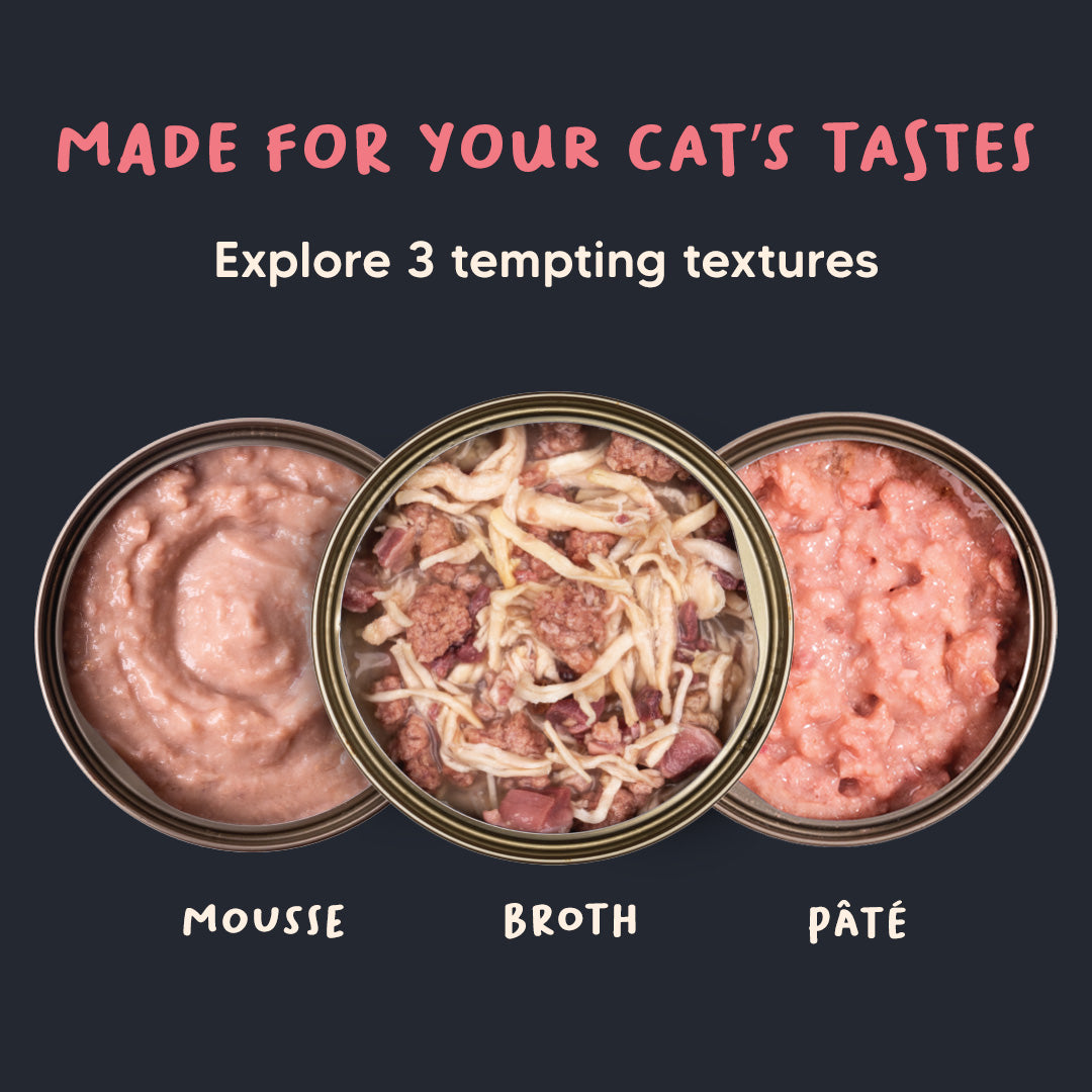Meowsi by HUFT Chicken Breast with Duck in Broth, 80 gm can, features a pull-tab lid and a mix of shredded meat.