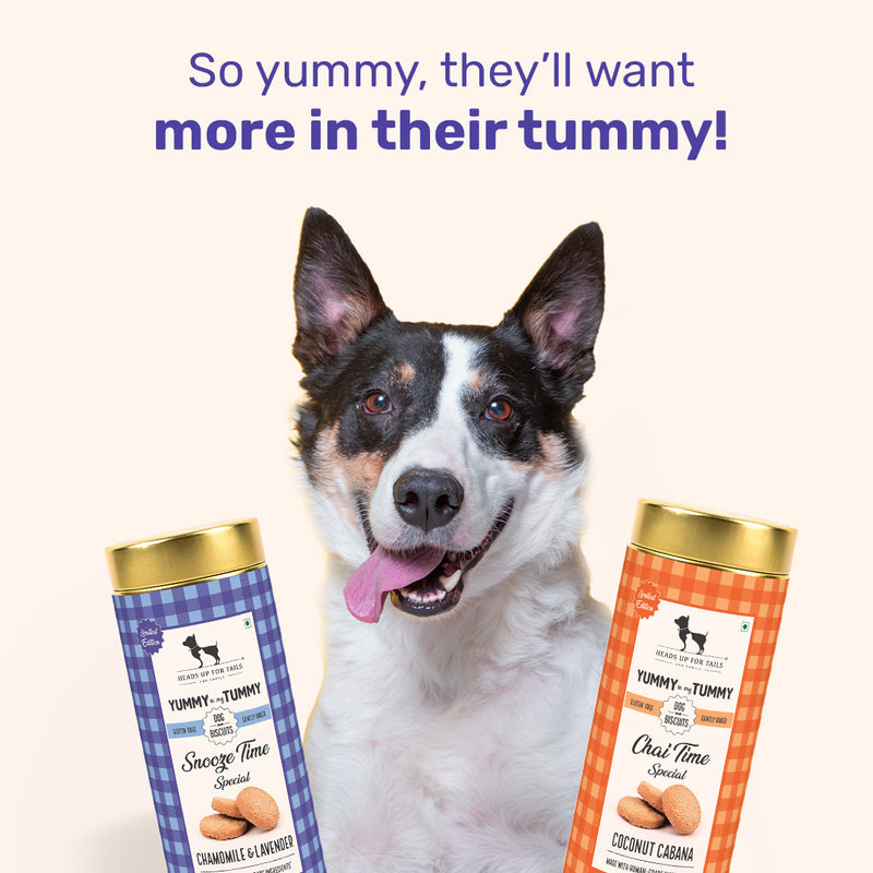 HUFT YIMT Snooze Time Special Chamomile & Lavender Dog Biscuits, 200 gm, with a happy dog enjoying the treats