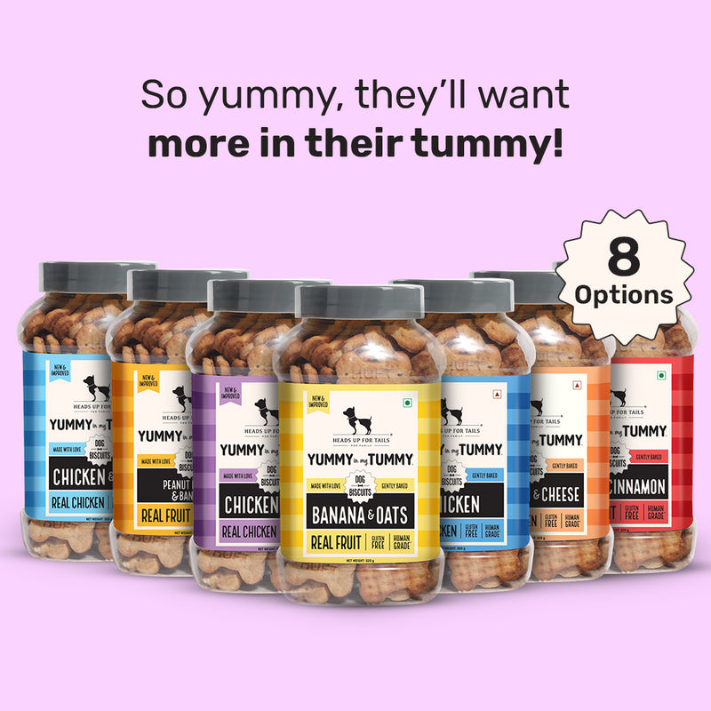 Heads Up for Tails Yummy Tummy Chicken Liver Dog Biscuits, gluten-free, assorted flavors, 8 jars displayed