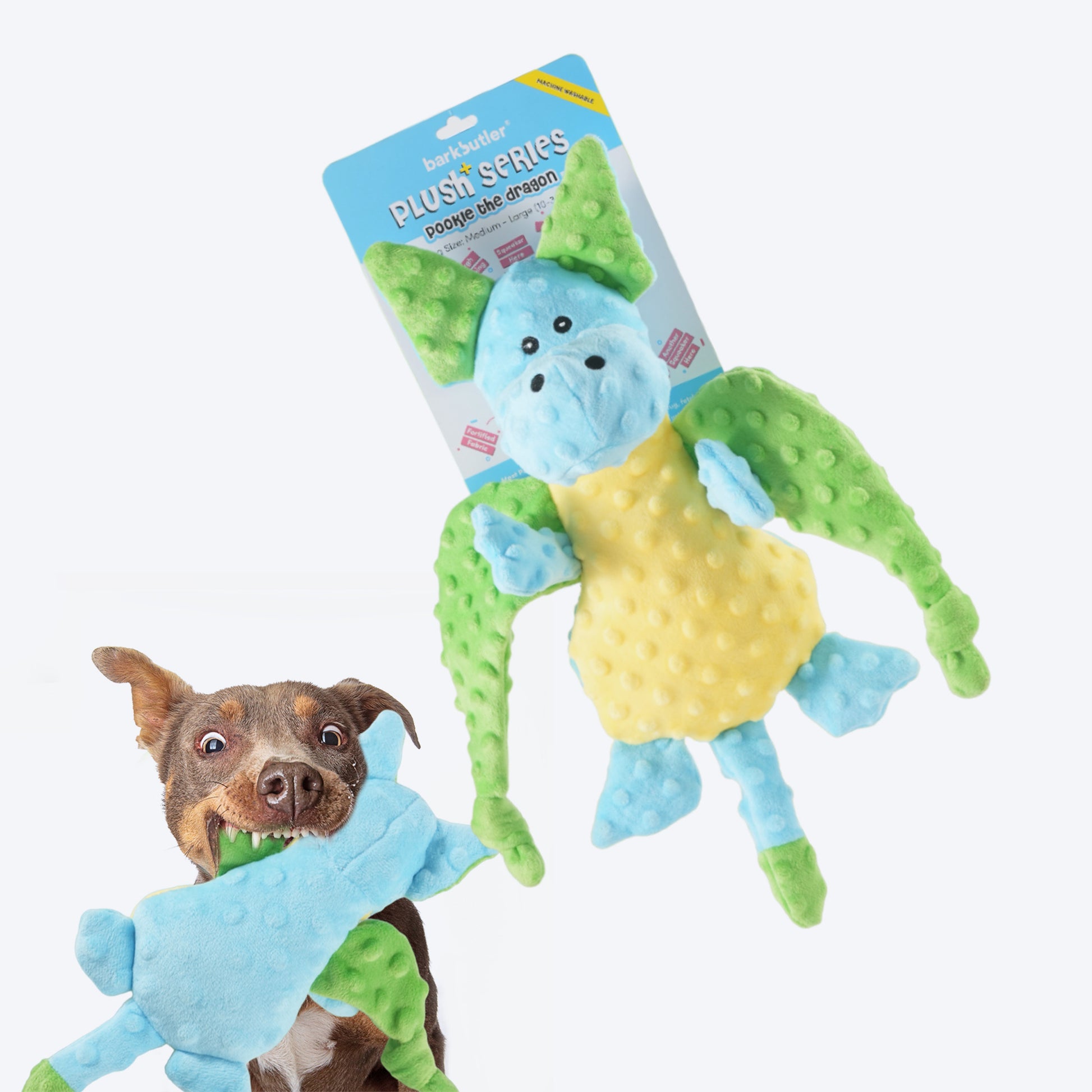 Barkbutler Pookie The Dragon Squeaky Plush Dog Toy - Blue & Green - L - Heads Up For Tails