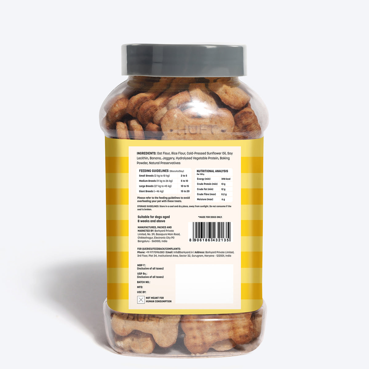 HUFT YIMT Banana & Oats Gluten-Free Dog Biscuits, 500g jar, with ingredients like oat flour and banana. Suitable for dogs 8 w