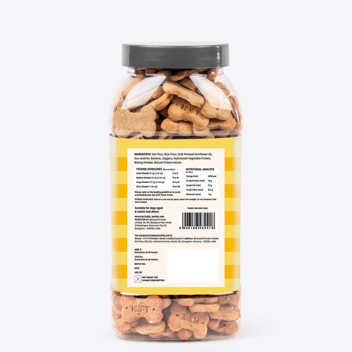 HUFT YIMT Banana & Oats Gluten-Free Dog Biscuits, 500g jar, made with oat flour, banana, and natural preservatives