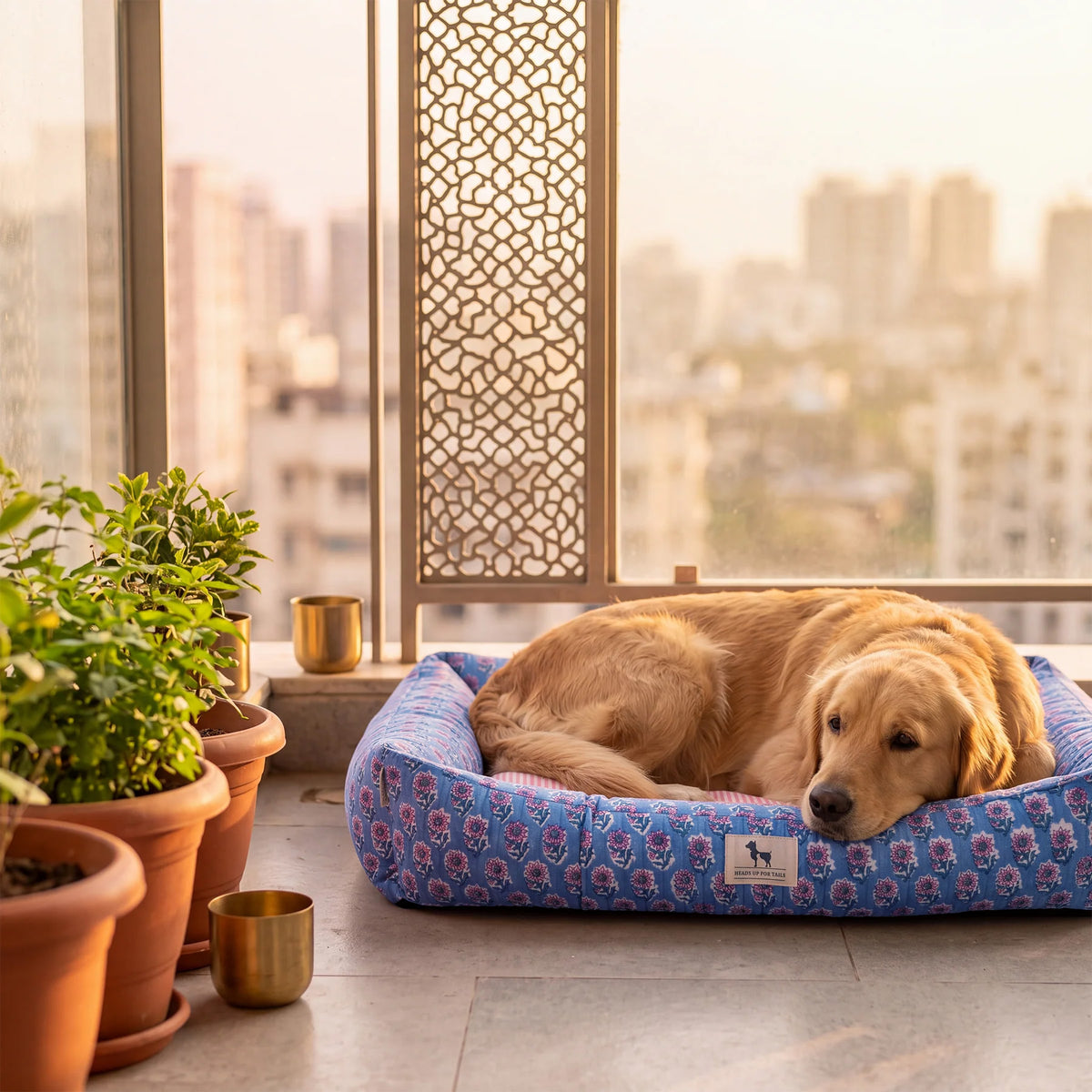 HUFT Jaipuri Phool Lounger Dog Bed - Blue & Pink - Heads Up For Tails