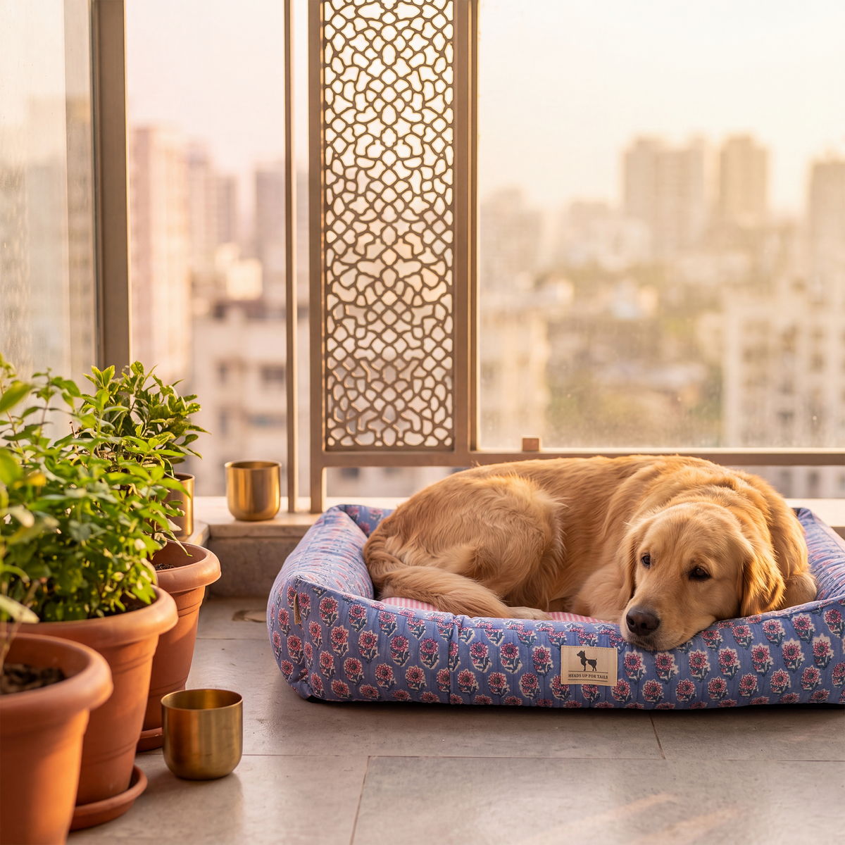 HUFT Jaipuri Phool Lounger Dog Bed - Blue & Pink