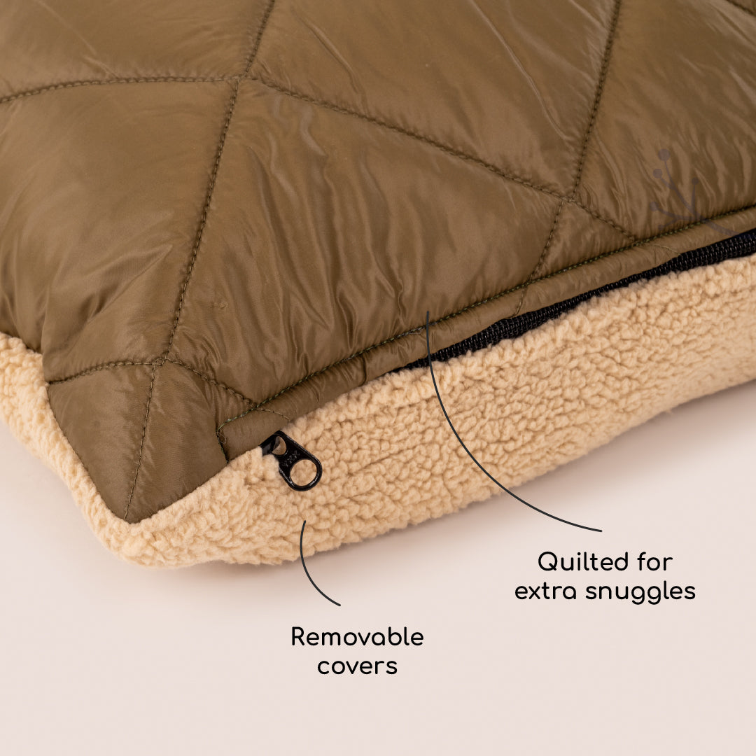 HUFT Fluff & Puff Quilted Lounger Dog Bed - Olive Green - Heads Up For Tails