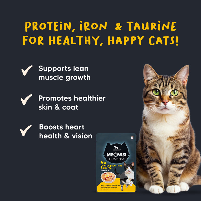 Meowsi by HUFT Chicken Breast with Quail Egg in Broth, 80 gm, grain-free cat wet food with vitamins and minerals.