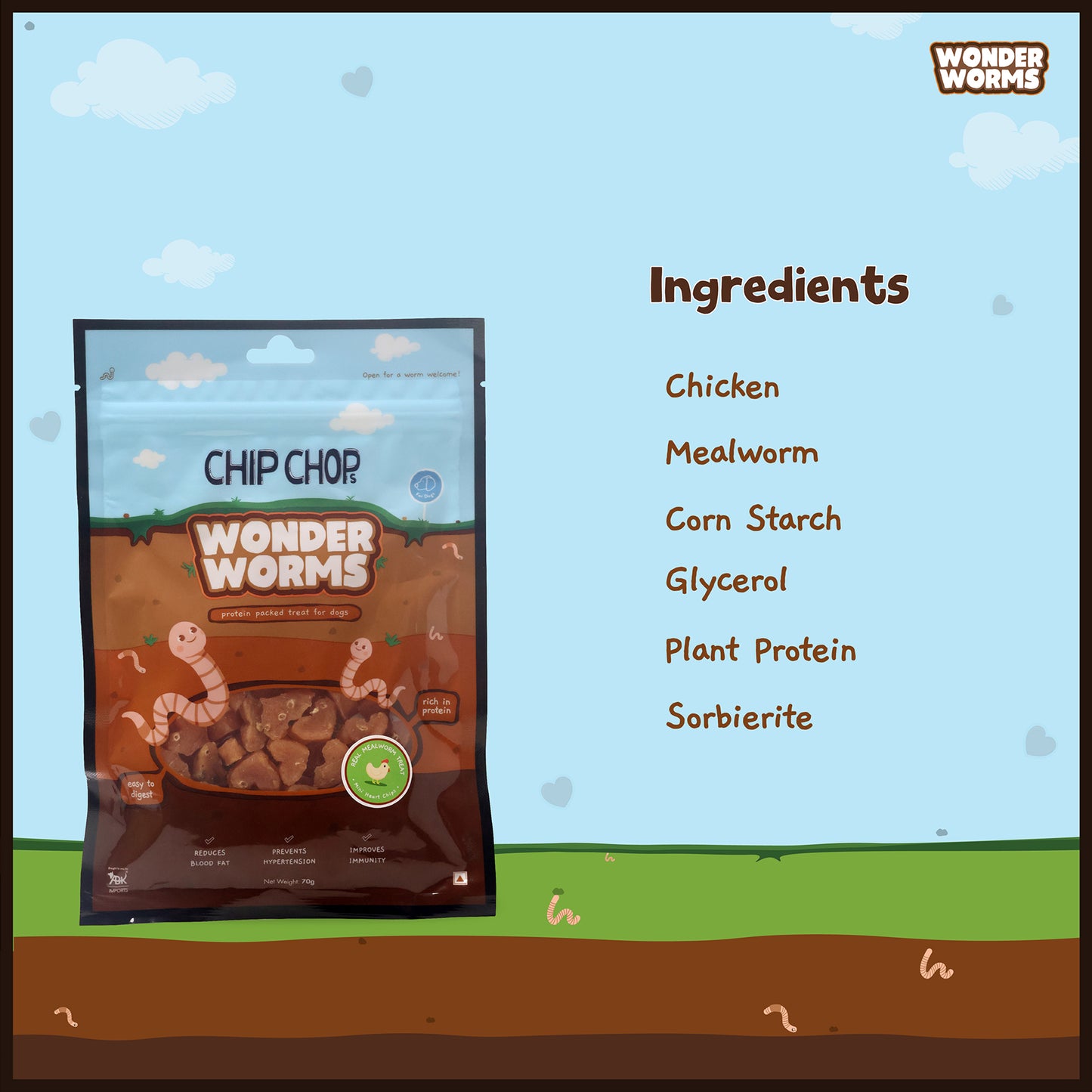 Chip Chops Wonder Worms Mini Chicken Heart With Real Mealworms Chips Dog Treats - 70g - Heads Up For Tails