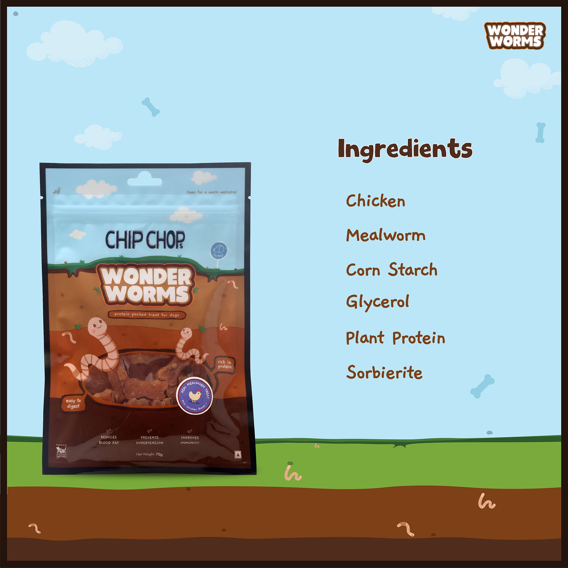 Chip Chops Wonder Worms Mini Chicken Bones With Real Mealworms Dog Treats - 70g - Heads Up For Tails