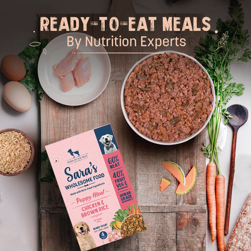 Sara's Wholesome Chicken & Brown Rice Puppy Food, 100 gm, made with 60% meat and 40% fruits and veggies, ready to eat.