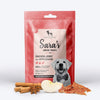 Sara's Doggie Treats Chicken Jerky with Applesauce, 70 g, featuring a dog on the packaging and natural ingredients.