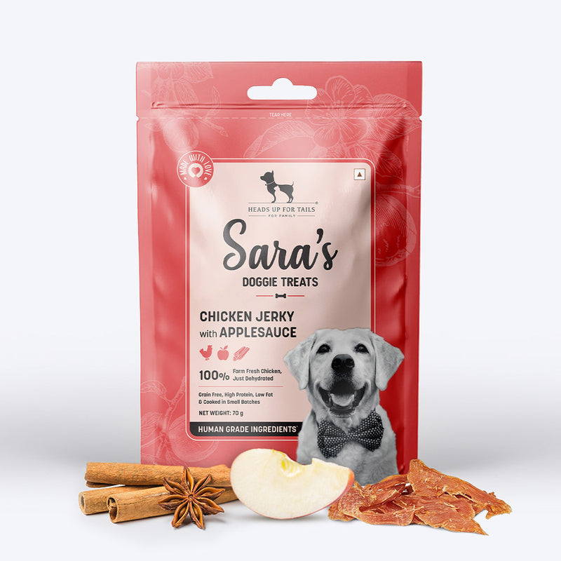 Sara's Doggie Treats Chicken Jerky with Applesauce, 70 g, featuring a dog on the packaging and natural ingredients.