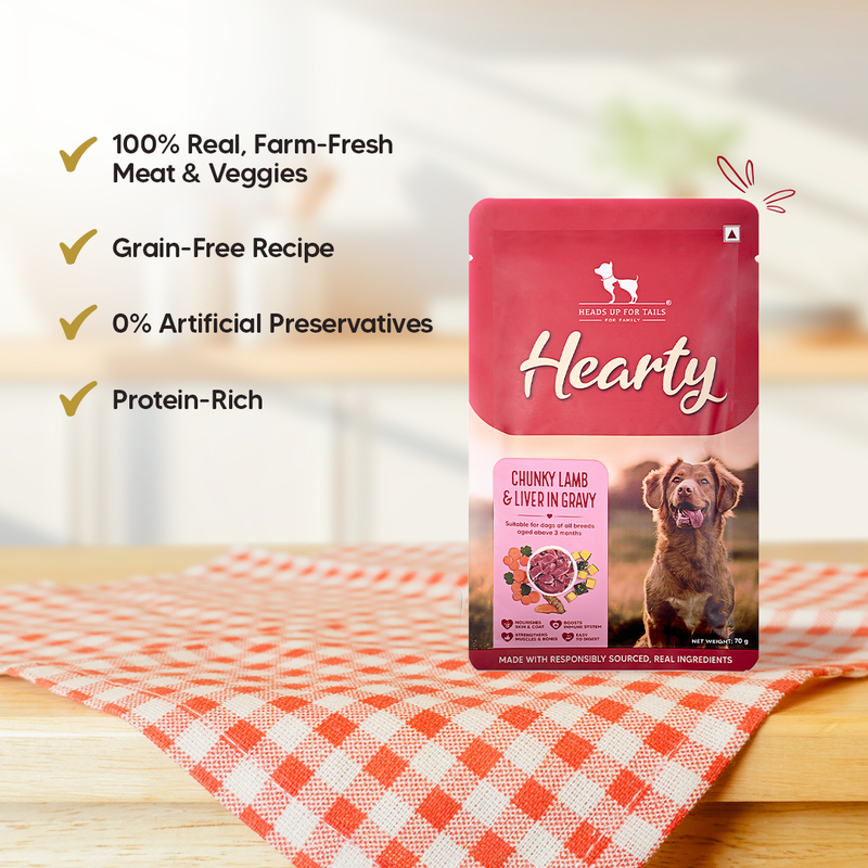 Hearty Chunky Lamb & Liver in Gravy dog food by Heads Up for Tails, 70 g, suitable for dogs over 3 months.