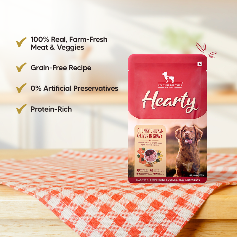 Hearty Chunky Chicken & Liver in Gravy dog wet food by Heads Up for Tails, 70 g, suitable for dogs over 3 months.