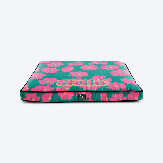 HUFT Personalised Pawsome Blossom Flat Bed For Dog - Green & Pink - Heads Up For Tails