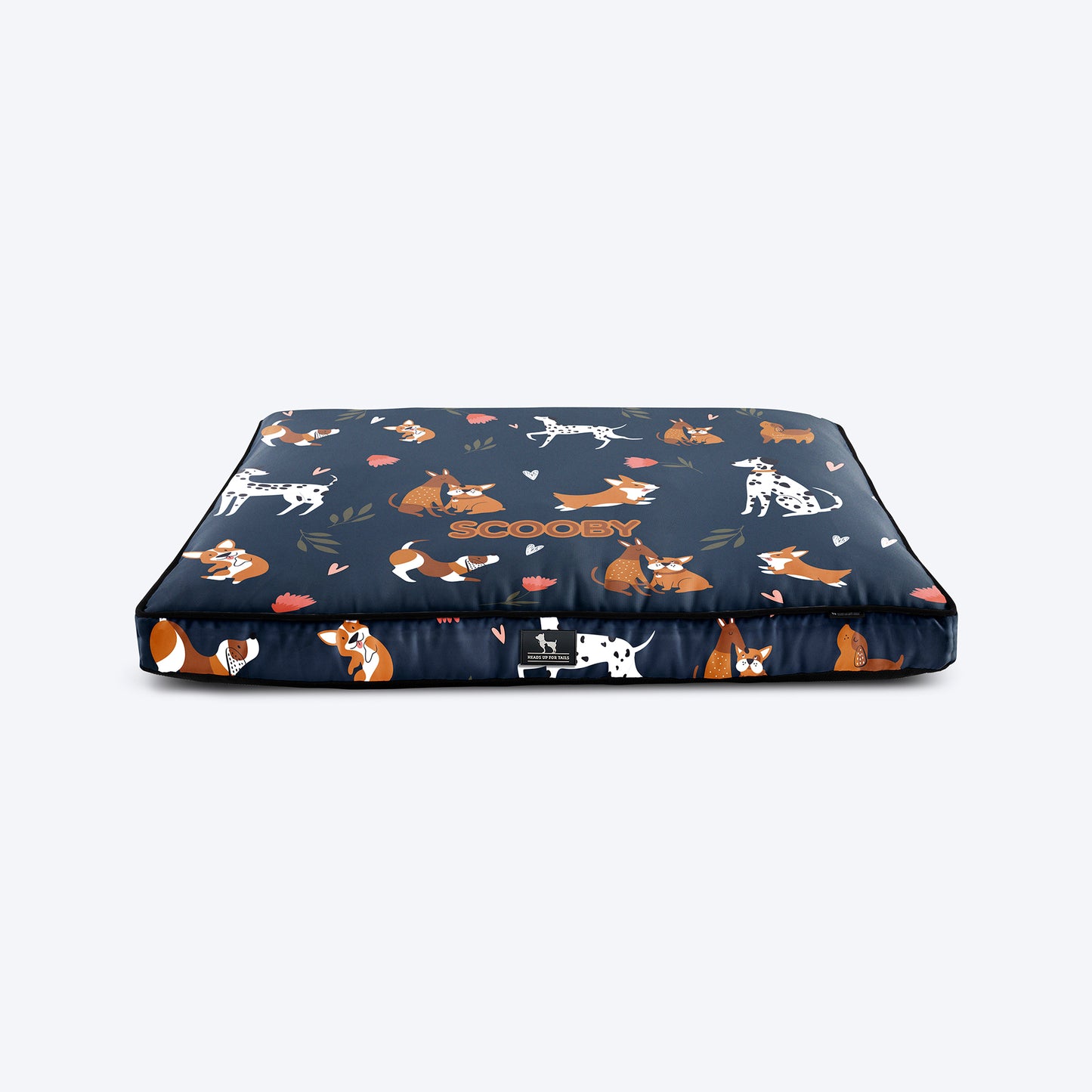 HUFT Personalised Dogs In Bloom Flat Bed For Dog - Navy Blue - Heads Up For Tails