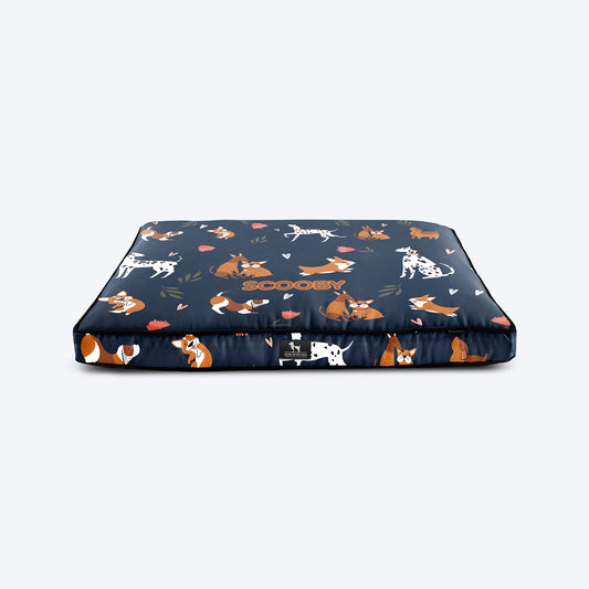 HUFT Personalised Dogs In Bloom Flat Bed For Dog - Navy Blue - Heads Up For Tails