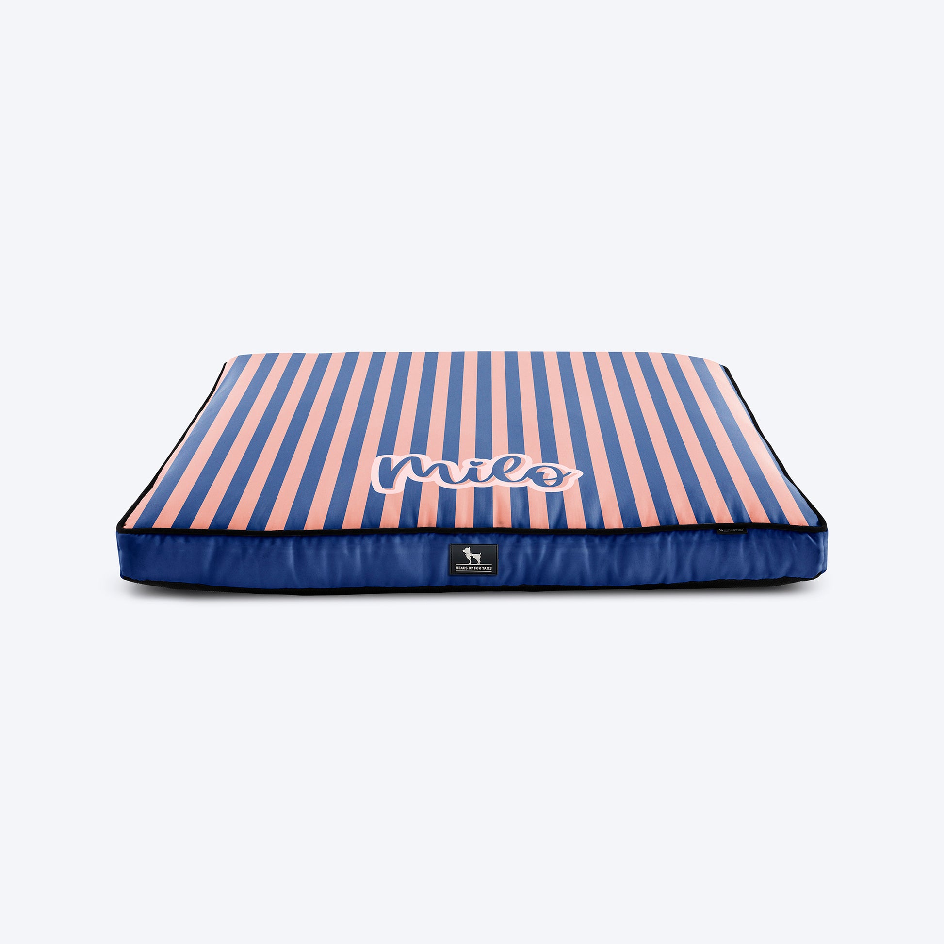 HUFT Personalised Happy Stripes Flat Bed For Dog - Navy & Peach - Heads Up For Tails