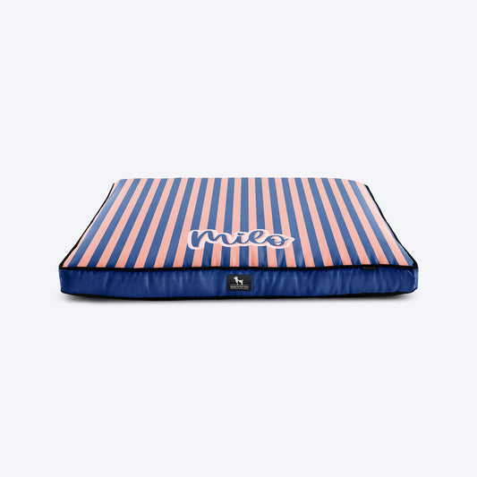 HUFT Personalised Happy Stripes Flat Bed For Dog - Navy & Peach - Heads Up For Tails