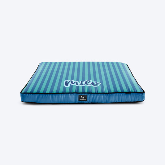 HUFT Personalised Happy Stripes Flat Bed For Dog - Blue & Turquoise - Heads Up For Tails
