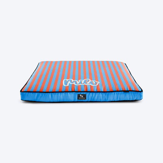 HUFT Personalised Happy Stripes Flat Bed For Dog - Blue & Orange - Heads Up For Tails