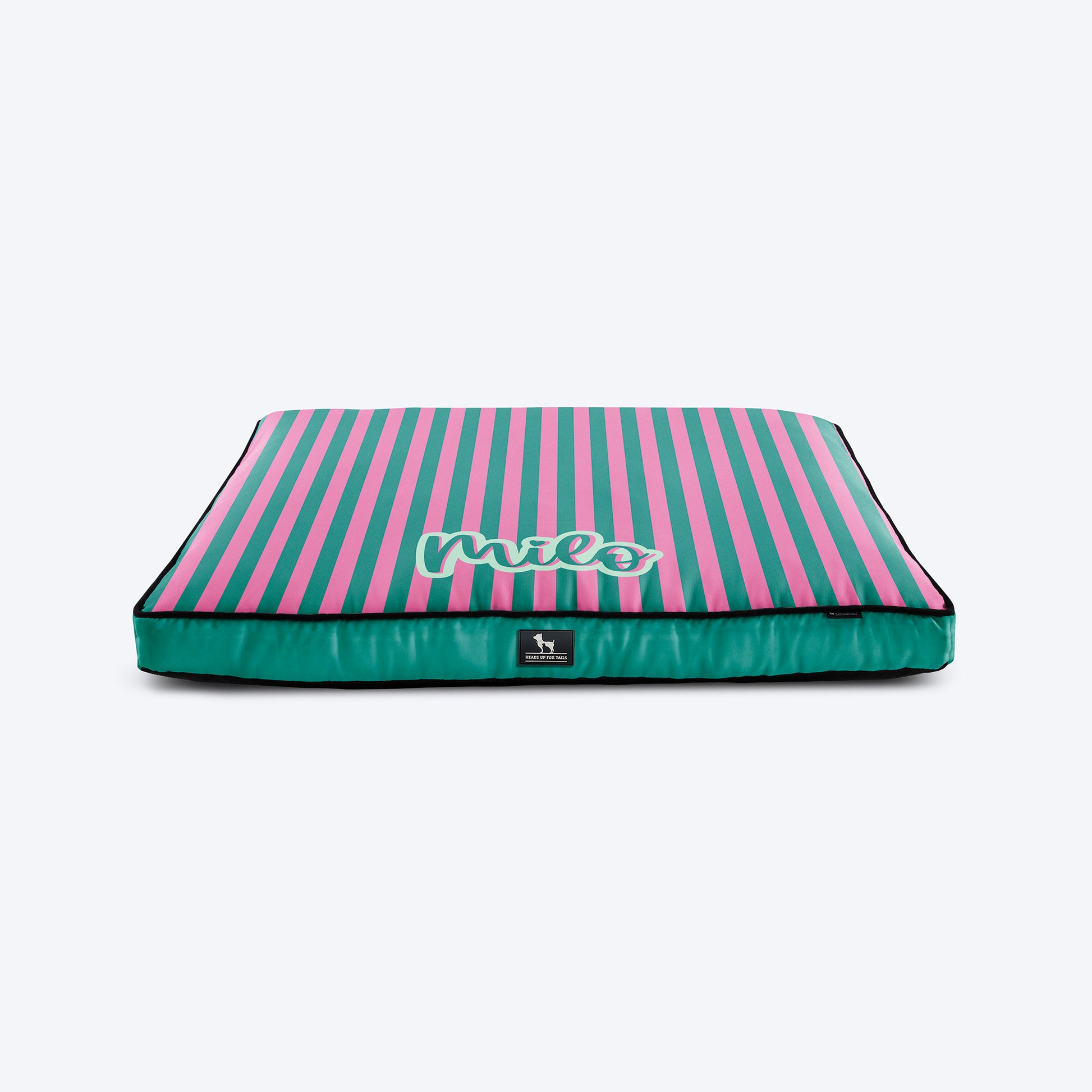 HUFT Personalised Happy Stripes Flat Bed For Dog - Green & Pink - Heads Up For Tails