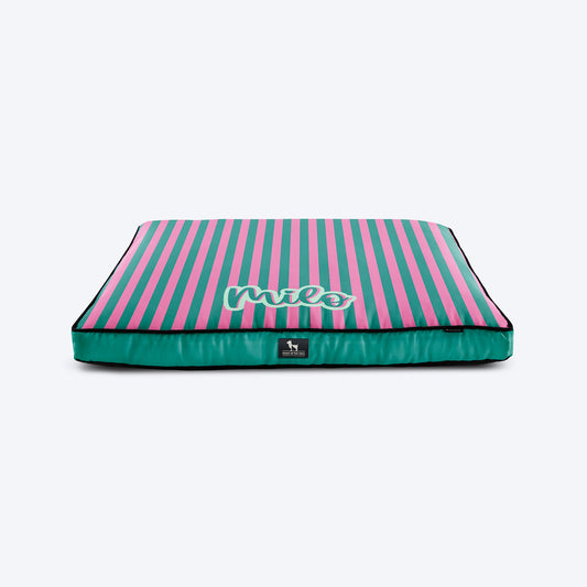 HUFT Personalised Happy Stripes Flat Bed For Dog - Green & Pink - Heads Up For Tails