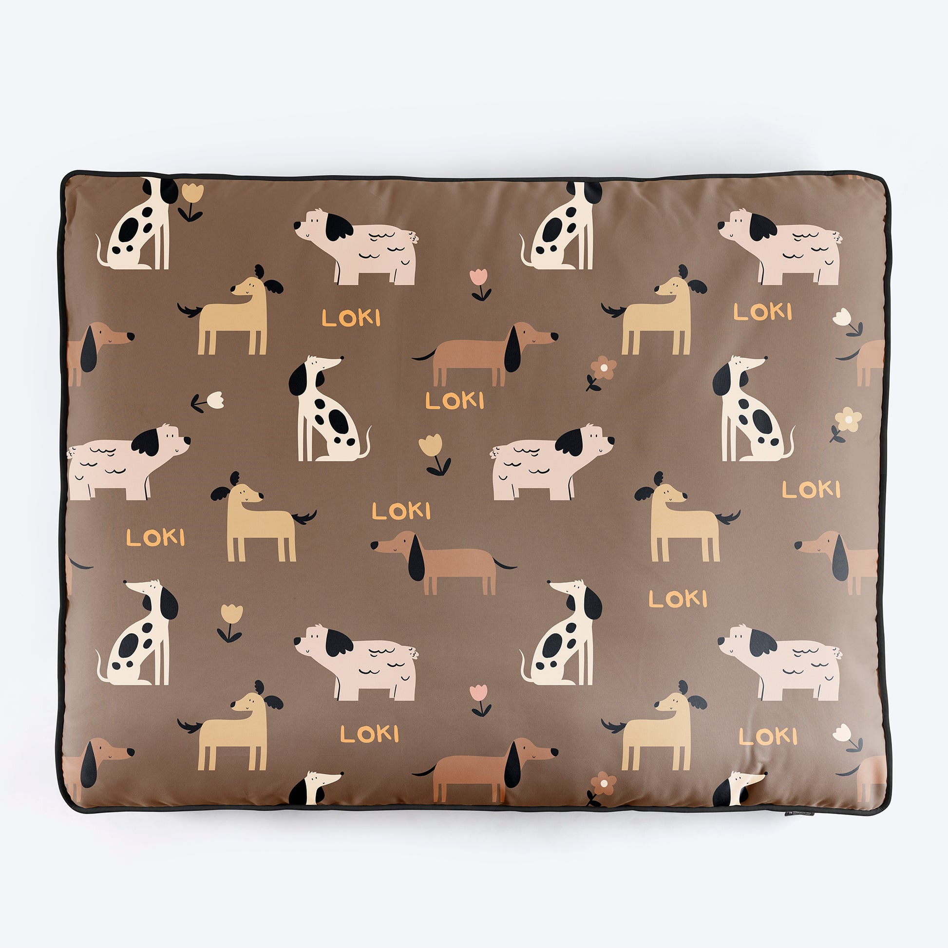 HUFT Personalised Bark & Bloom Flat Bed For Dog - Brown - Heads Up For Tails