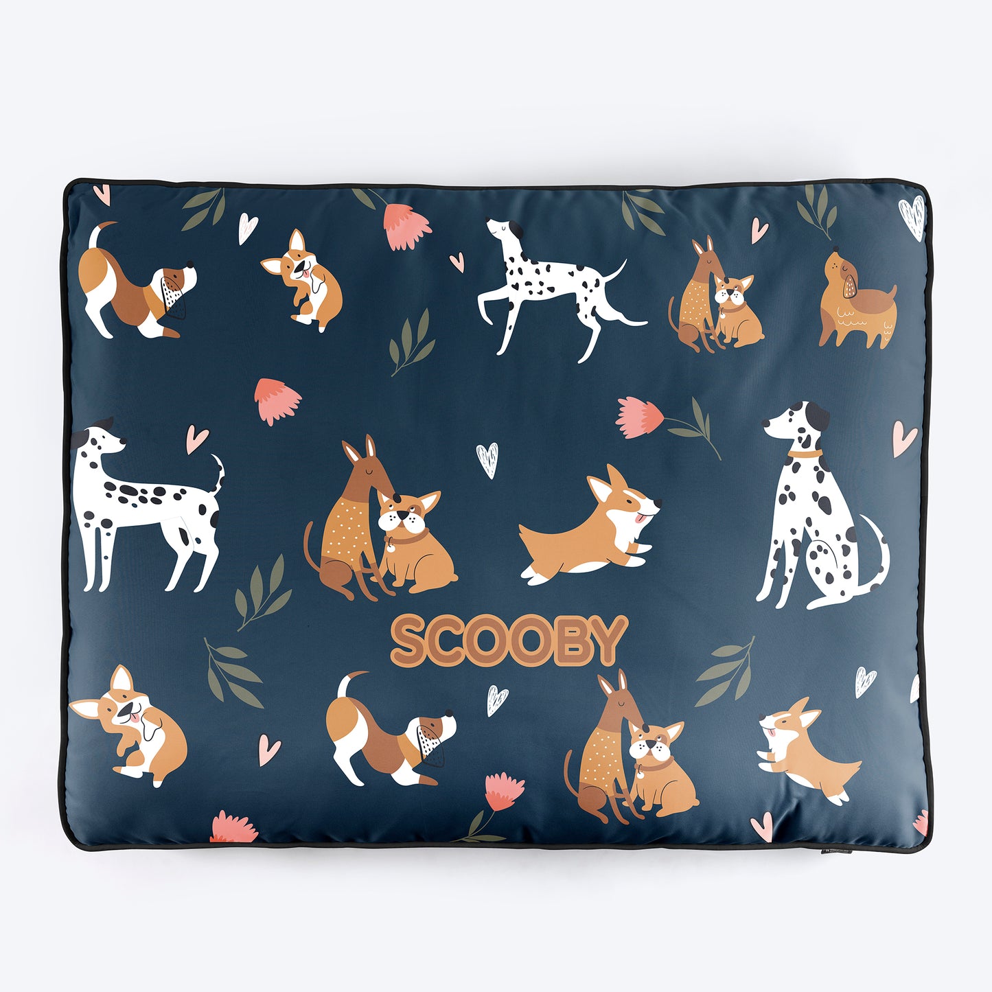HUFT Personalised Dogs In Bloom Flat Bed For Dog - Navy Blue - Heads Up For Tails