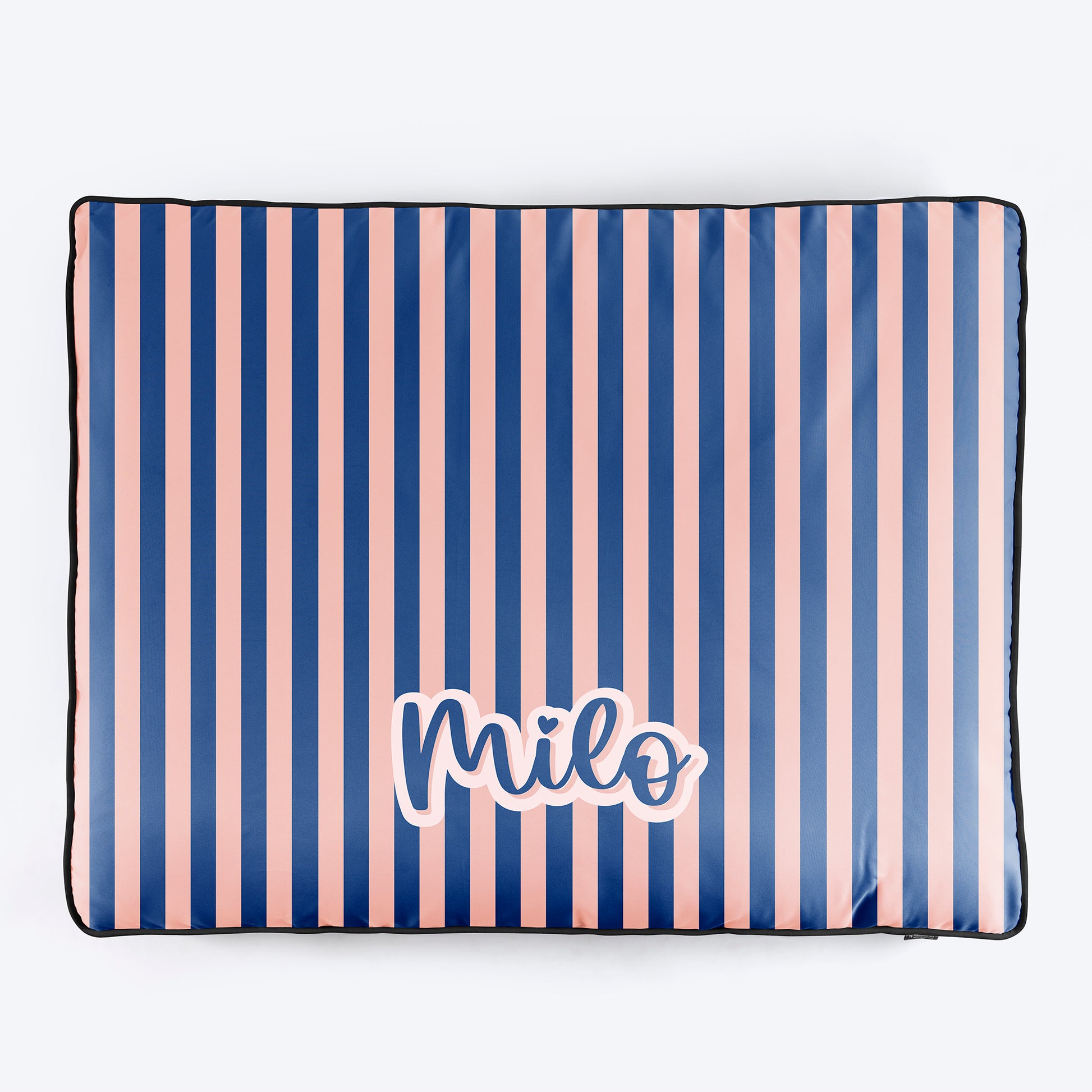 HUFT Personalised Happy Stripes Flat Bed For Dog - Navy & Peach - Heads Up For Tails