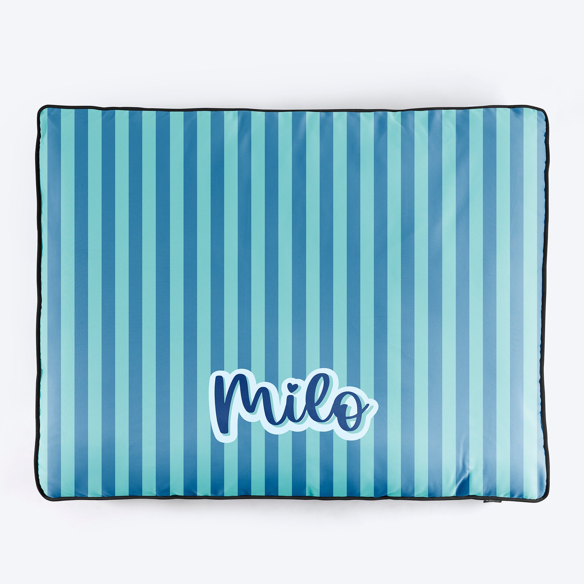 HUFT Personalised Happy Stripes Flat Bed For Dog - Blue & Turquoise - Heads Up For Tails