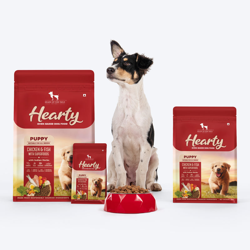 Hearty Oven-Baked Puppy Food by Heads Up for Tails, Chicken & Fish with Superfoods, 250g, suitable for all breeds.
