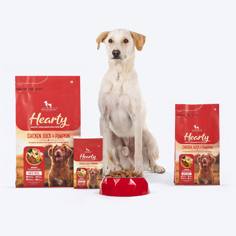 Hearty Oven-Baked Dog Food by Heads Up for Tails, Chicken, Duck and Pumpkin, 250g, suitable for all breeds.