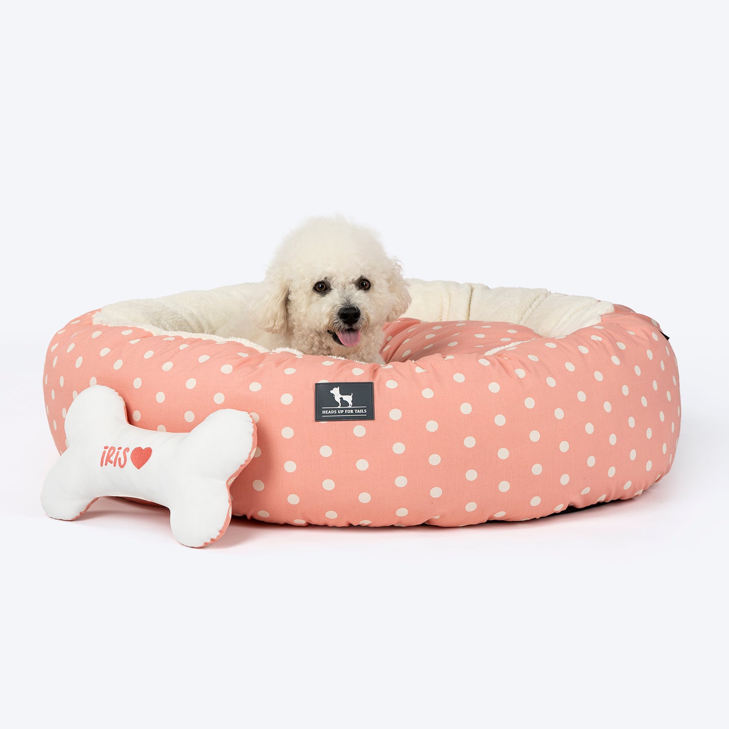 HUFT Personalised Polka Paws Fur Donut Bed For Dog & Cat - Peach