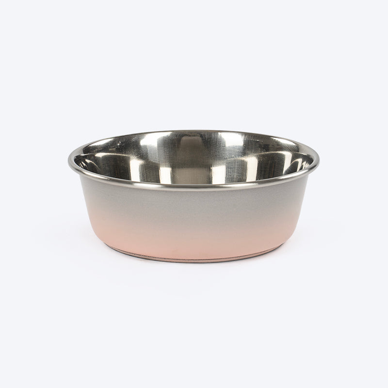 HUFT Tiny Tails Printed Steel Bowl For Puppy - Pink & Grey - Heads Up For Tails