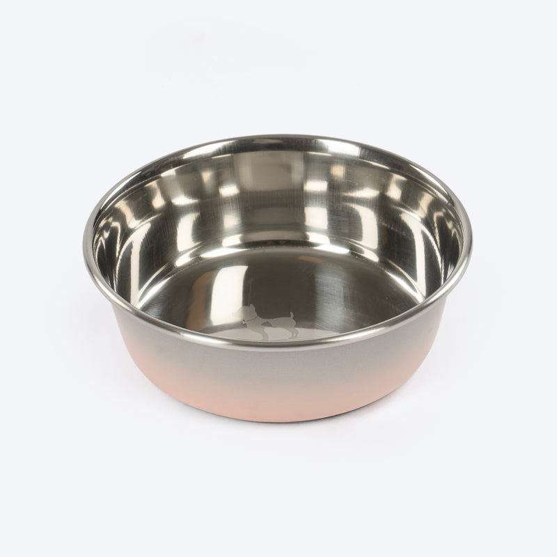 HUFT Tiny Tails Printed Steel Bowl For Puppy - Pink & Grey - Heads Up For Tails