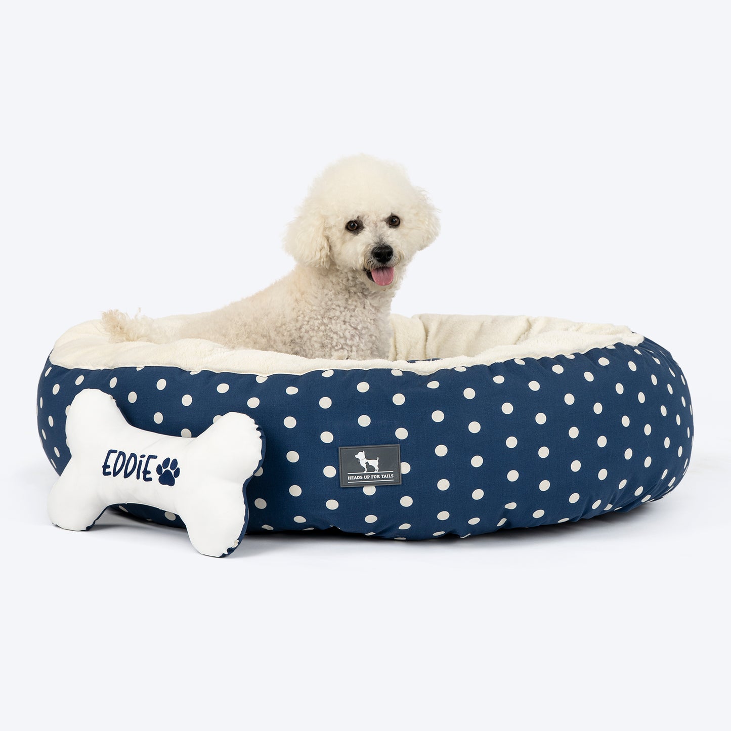 HUFT Personalised Polka Paws Fur Donut Bed For Dog & Cat - Navy