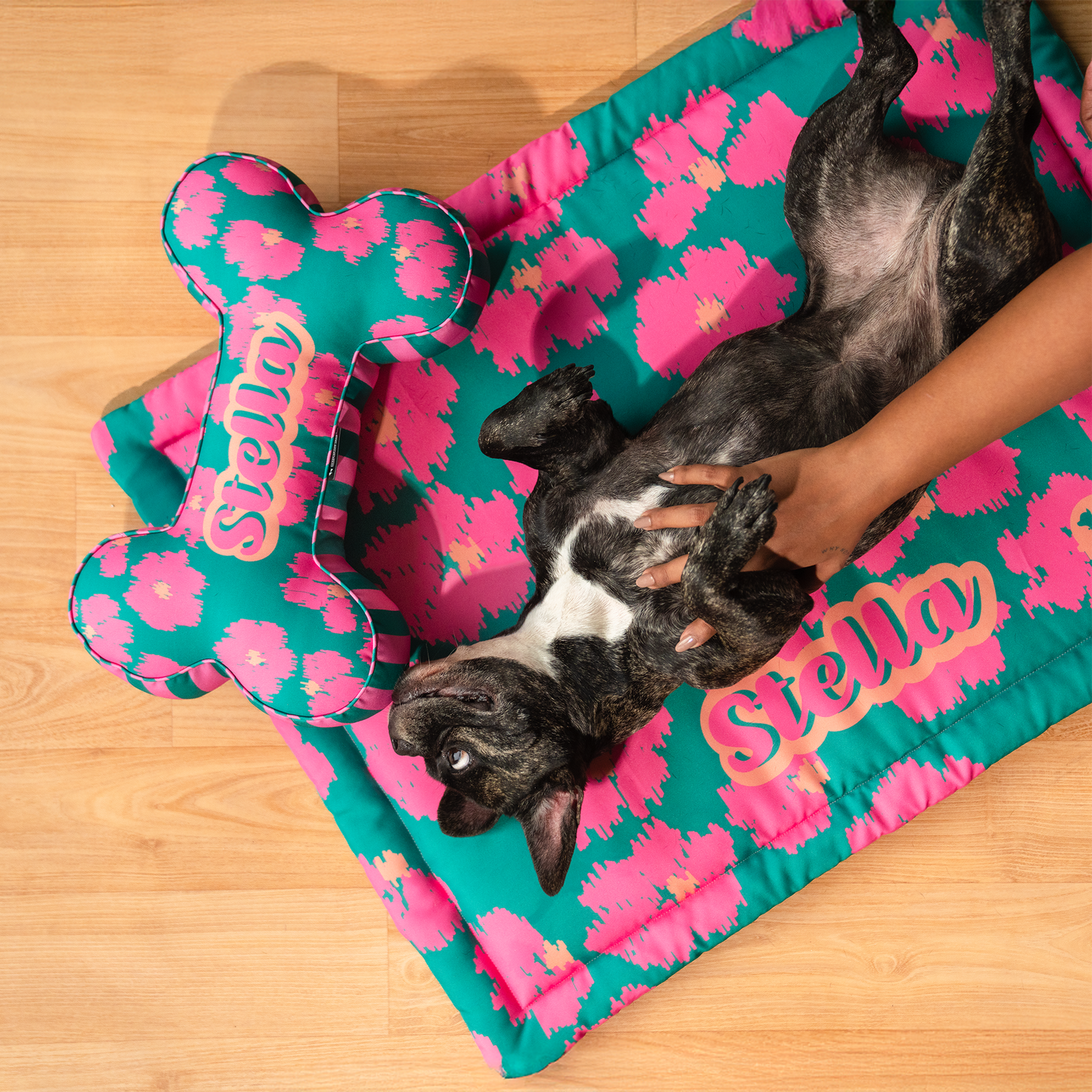 HUFT Personalised Pawsome Blossom Bone Cushion For Dog - Green & Pink - Heads Up For Tails