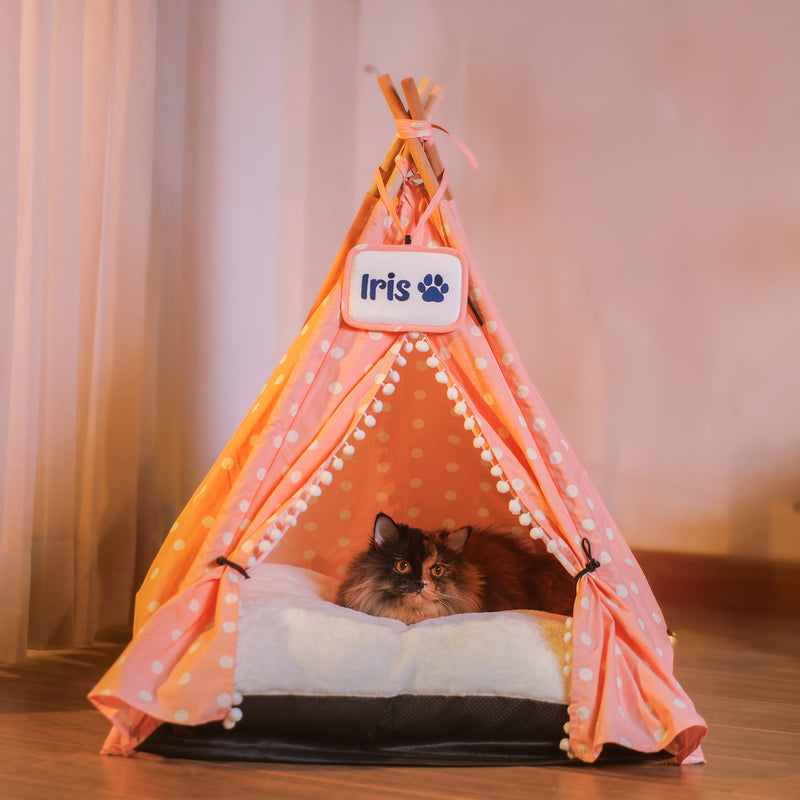 HUFT Personalised Polka Paws Teepee Tent Bed For Dog & Cat - Peach - Heads Up For Tails