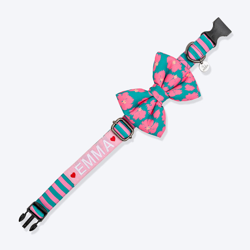 HUFT Personalised Pawsome Blossom Collar With Bow Tie For Dogs - Green & Pink - Heads Up For Tails