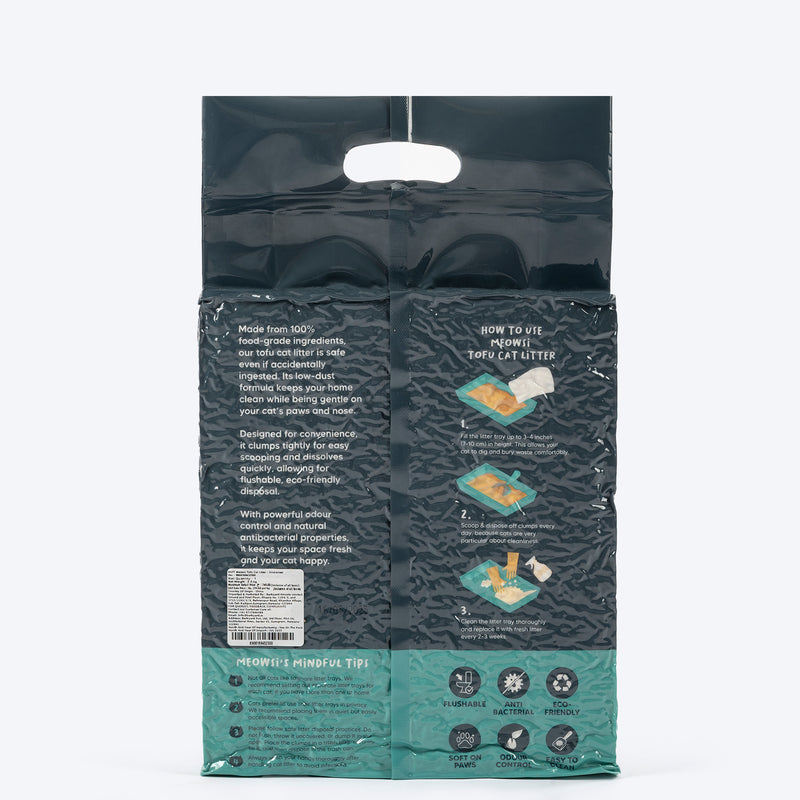 Meowsi by HUFT Tofu Cat Litter, Unscented, 6 Ltr, eco-friendly, fast clumping, 99% dust-free, antibacterial.
