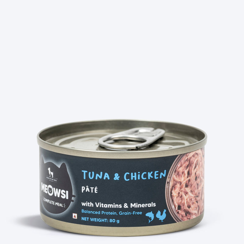 Meowsi by HUFT Tuna & Chicken pâté Canned Cat Wet Food, 80 gm, grain-free with vitamins and minerals.