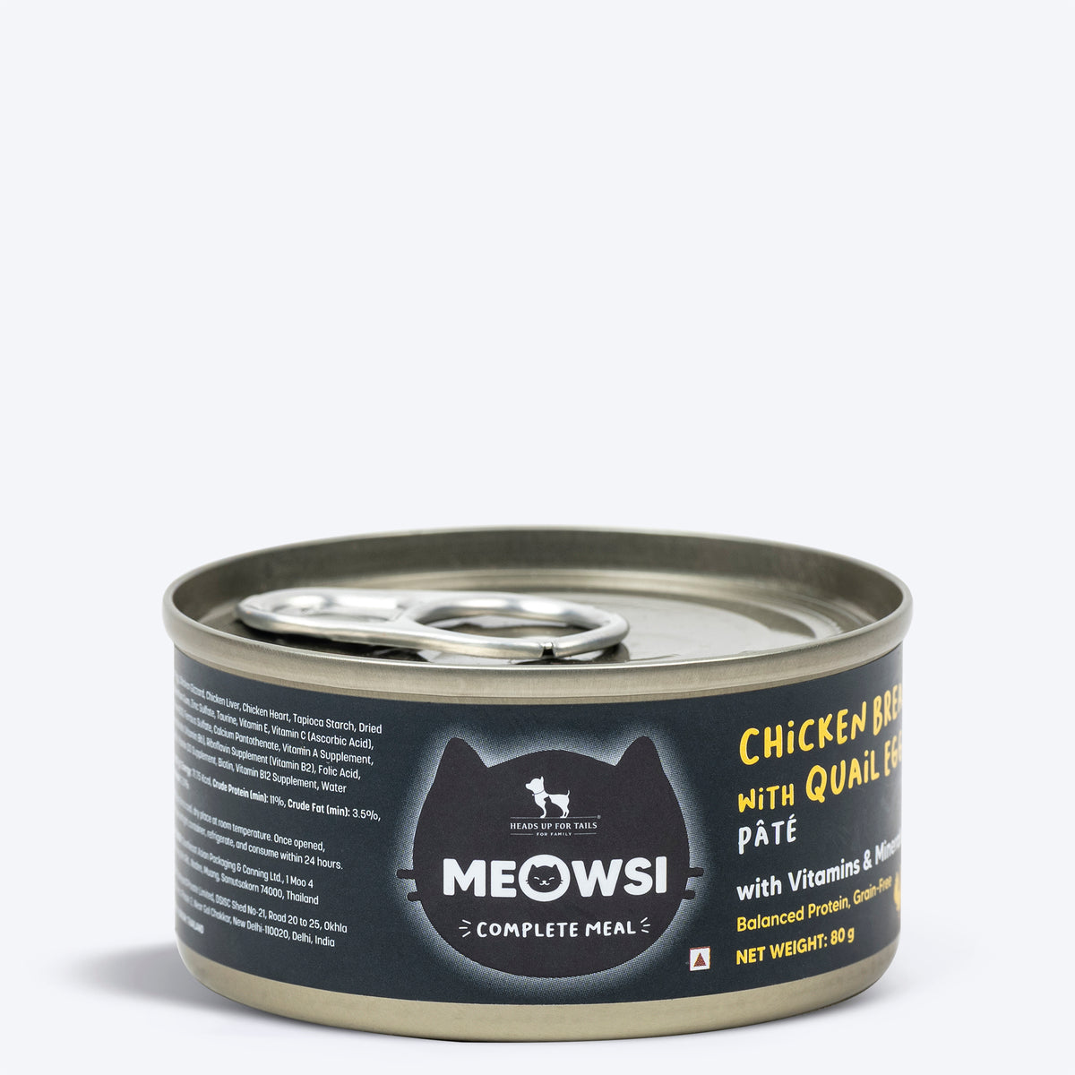 Meowsi by HUFT Chicken Breast with Quail Egg pâté, 80 gm can, grain-free, with vitamins and minerals for cats.