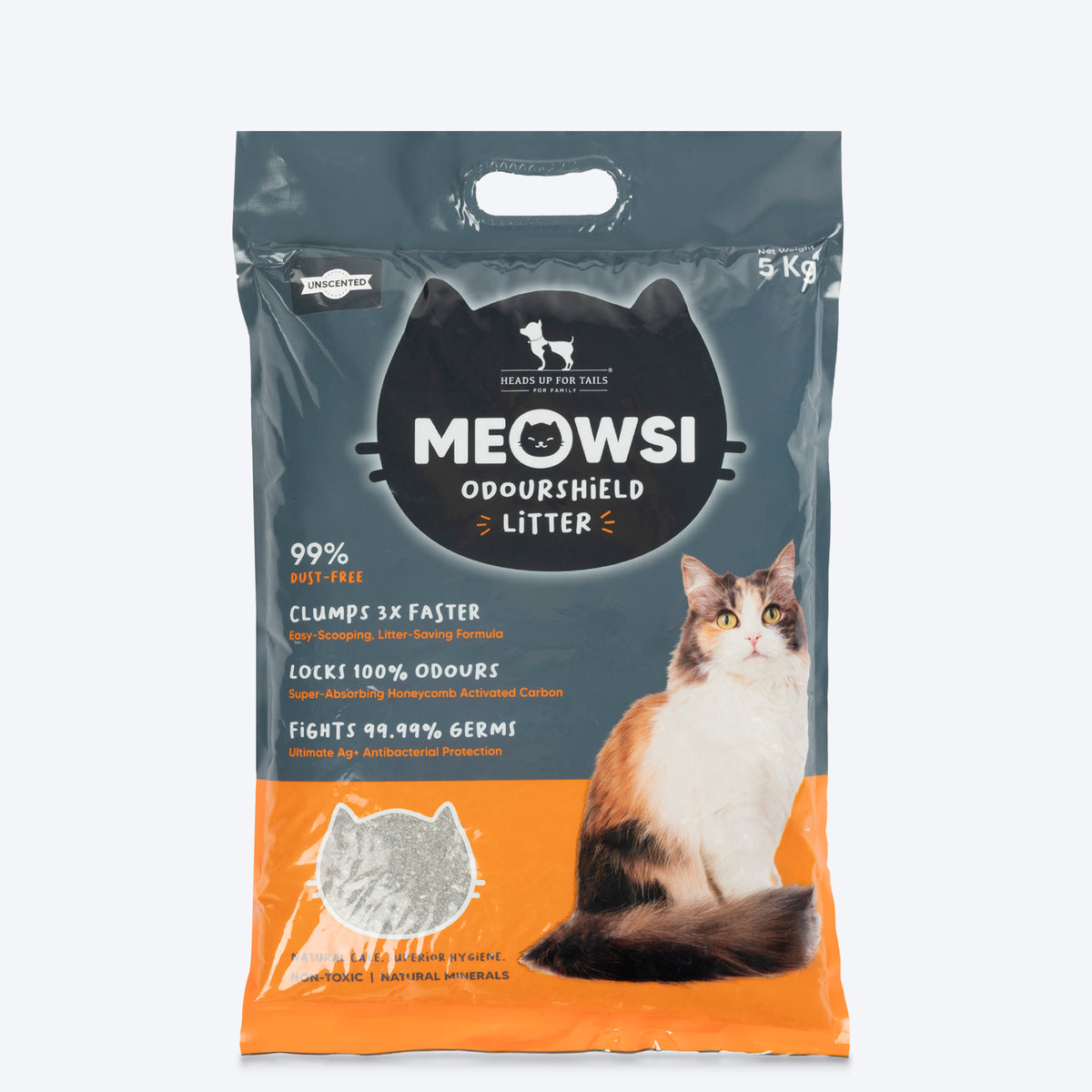 Meowsi By HUFT OdourShield Unscented Cat Litter Activated Carbon 5kg, Odour Control, Natural, Activated Carbon